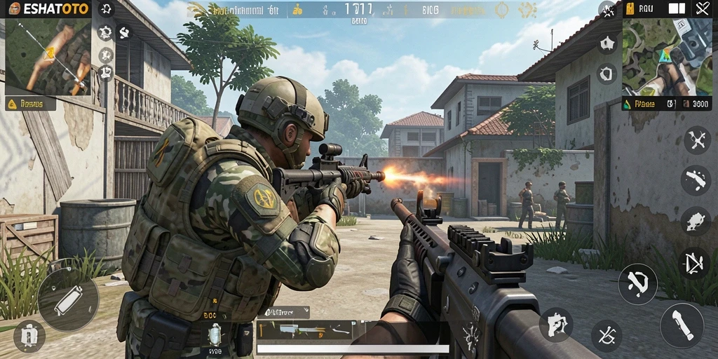 Gameplay ESHATOTO menampilkan aksi tembak-menembak yang mendebarkan.