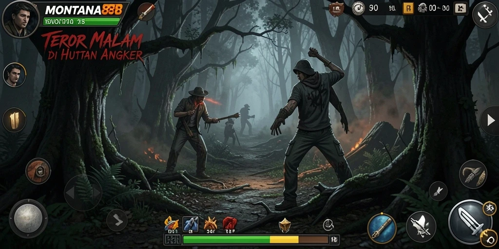 Tangkapan layar gameplay MONTANA88 menampilkan suasana hutan yang mencekam.